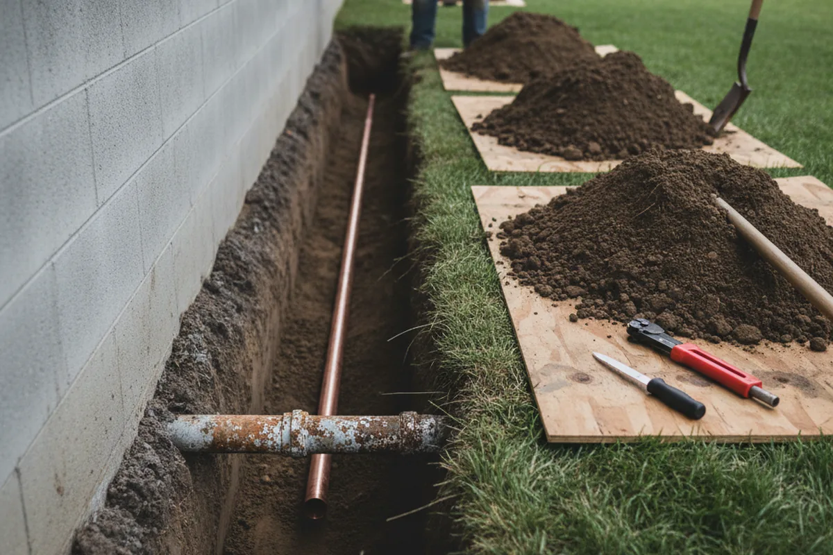 Excavated water line trench during Water Heater Repair in Woodinville